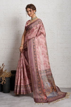 Pink Woven with Printed Linen Saree (ACA8490)