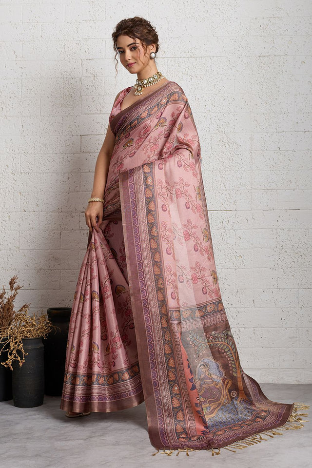 Pink Woven with Printed Linen Saree (ACA8490)