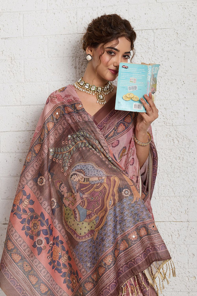 Pink Woven with Printed Linen Saree (ACA8490)