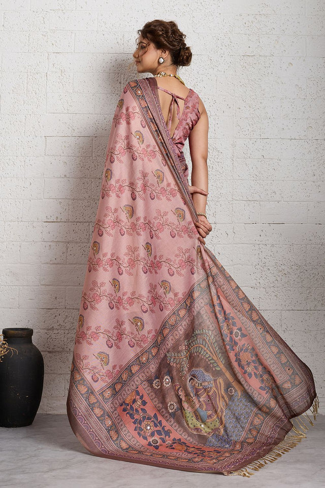 Pink Woven with Printed Linen Saree (ACA8490)
