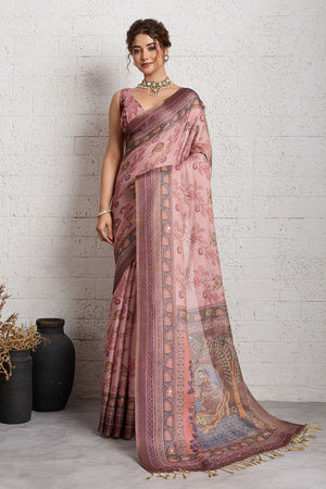 Pink Woven with Printed Linen Saree (ACA8490)