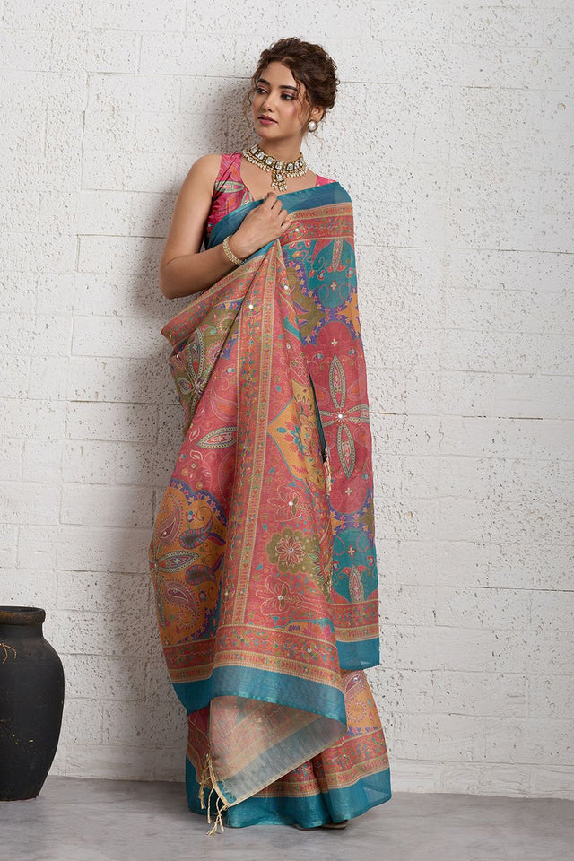Multi-Color Woven with Printed Linen Saree (ACA8491)
