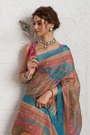 Multi-Color Woven with Printed Linen Saree (ACA8491)