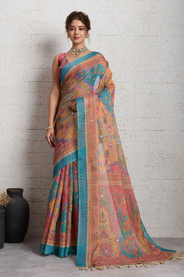 Multi-Color Woven with Printed Linen Saree (ACA8491)