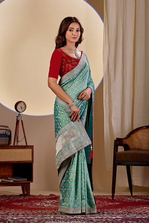 Sea-Green Printed with Embroidered Silk Saree (ACA8492)