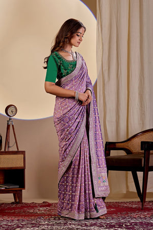 Violet Printed with Embroidered Silk Saree (ACA8493)