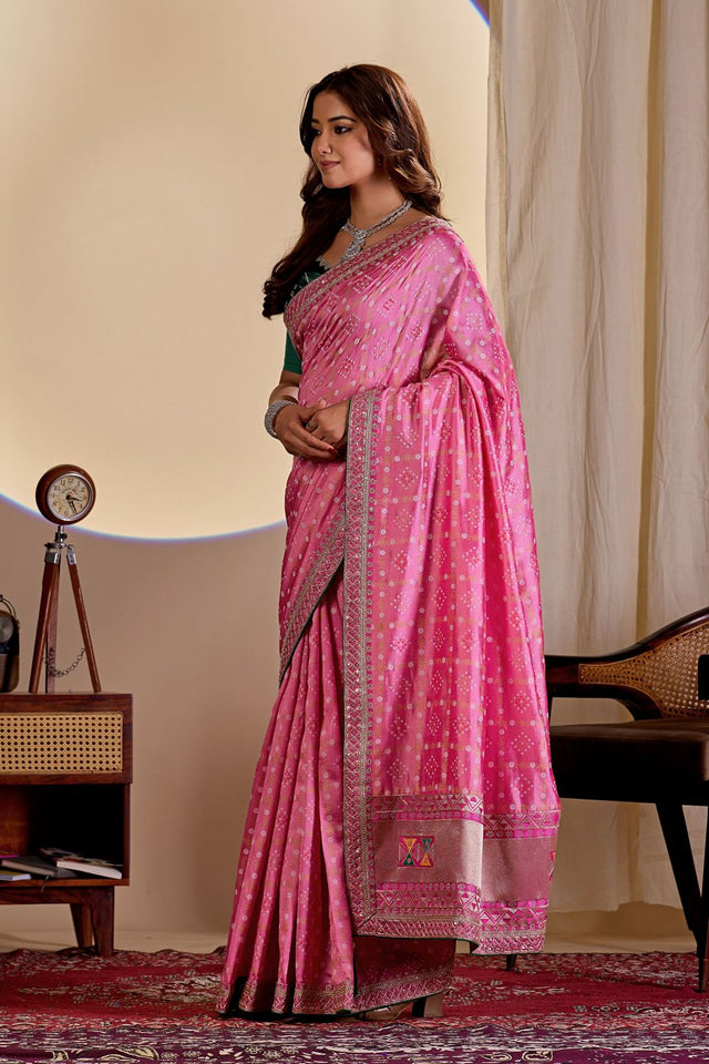 Pink Printed with Embroidered Silk Saree (ACA8495)