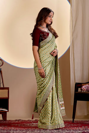 Green Printed with Embroidered Silk Saree (ACA8496)