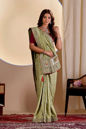 Green Printed with Embroidered Silk Saree (ACA8496)