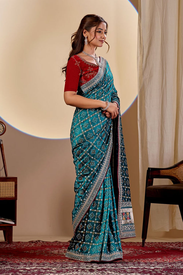 Turquoise Printed with Embroidered Silk Saree (ACA8497)