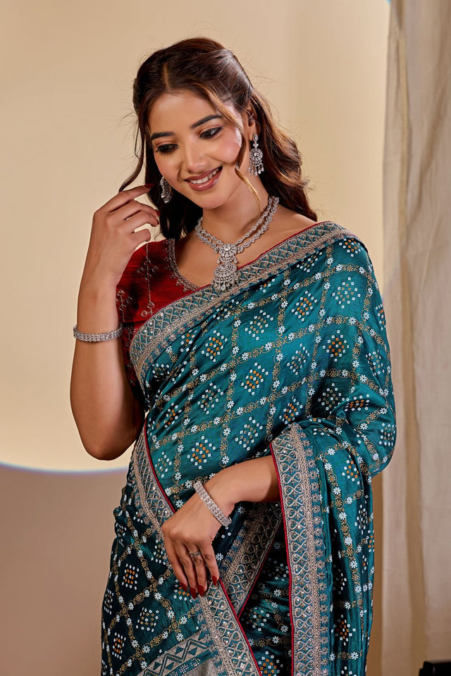 Turquoise Printed with Embroidered Silk Saree (ACA8497)