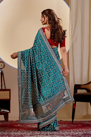 Turquoise Printed with Embroidered Silk Saree (ACA8497)