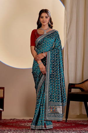 Turquoise Printed with Embroidered Silk Saree (ACA8497)