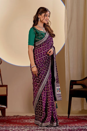 Wine Printed with Embroidered Silk Saree (ACA8498)