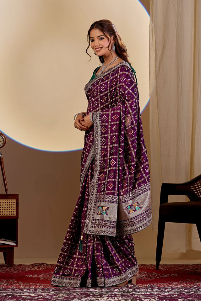 Wine Printed with Embroidered Silk Saree (ACA8498)