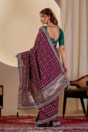 Wine Printed with Embroidered Silk Saree (ACA8498)