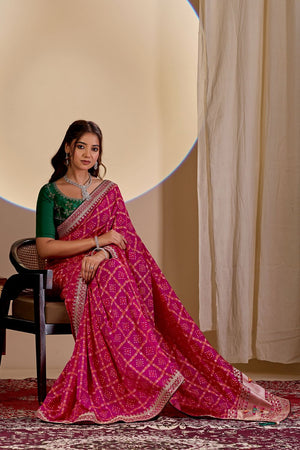 Pink Printed with Embroidered Silk Saree (ACA8499)