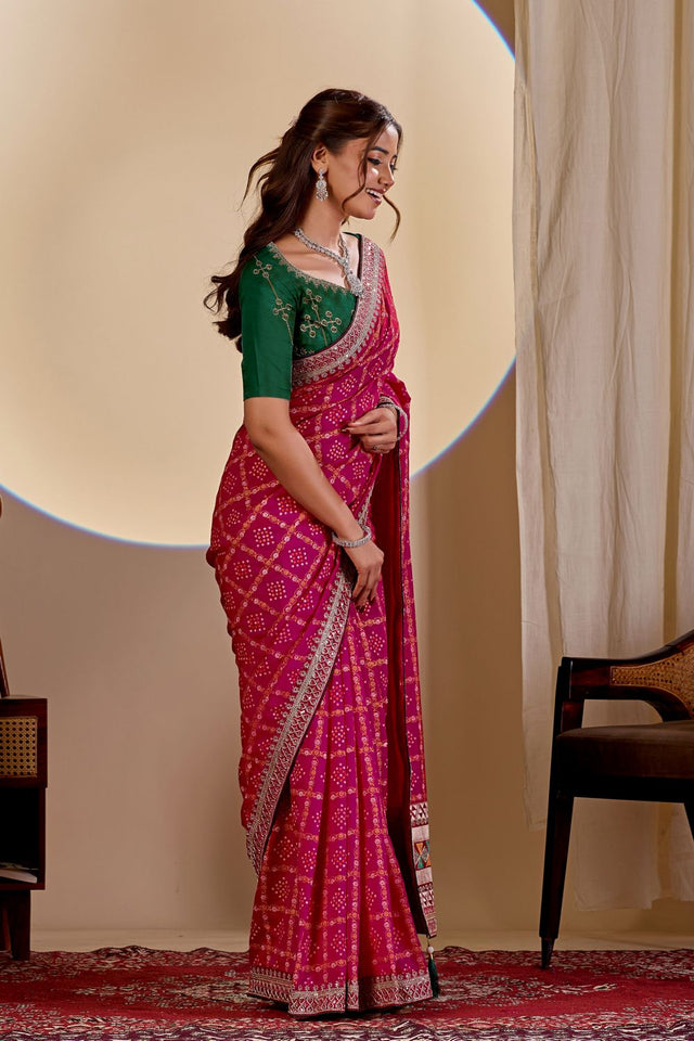 Pink Printed with Embroidered Silk Saree (ACA8499)