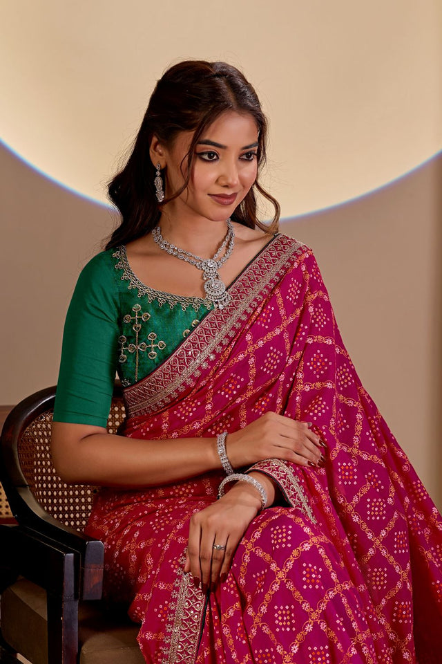 Pink Printed with Embroidered Silk Saree (ACA8499)