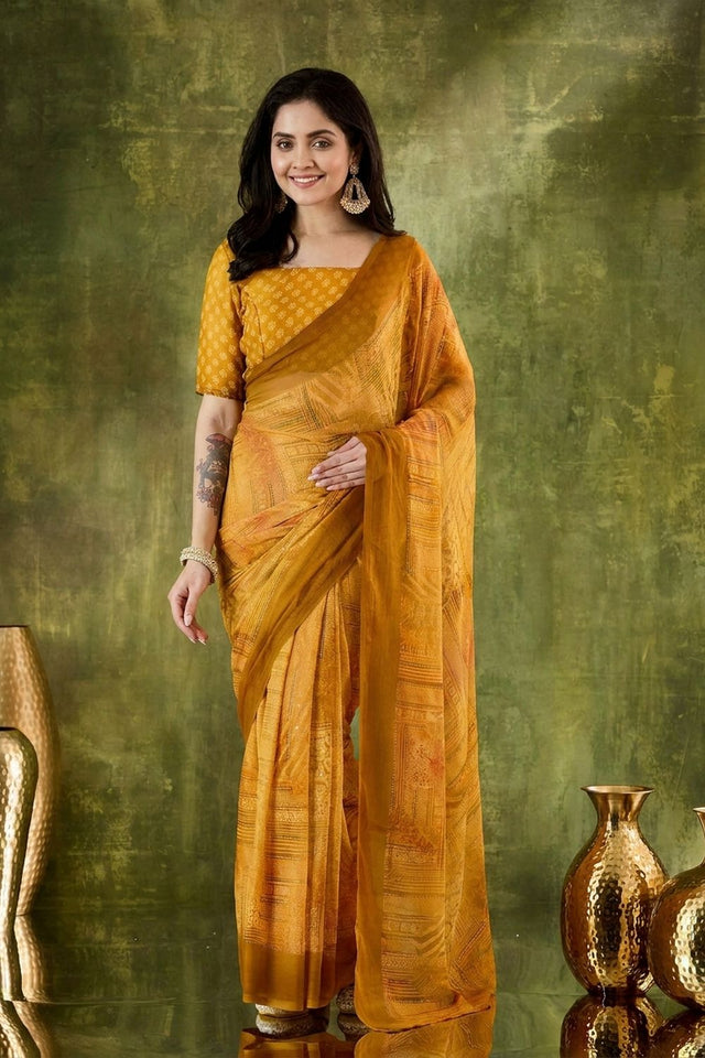 Yellow Printed Chiffon Ready to Wear Saree (ACA8500)