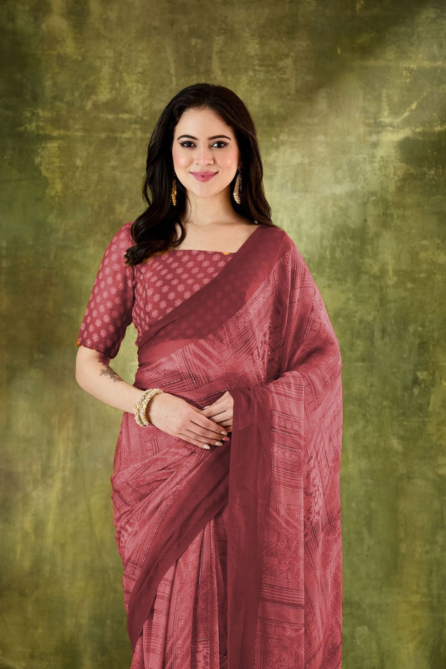 Brown Printed Chiffon Ready to Wear Saree (ACA8501)