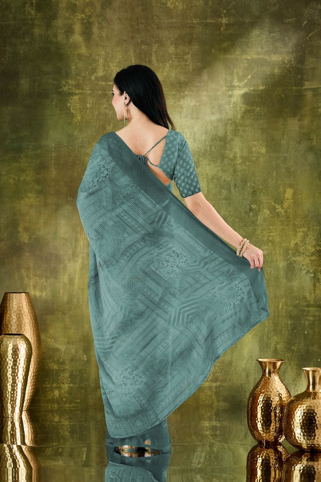 Green Printed Chiffon Ready to Wear Saree (ACA8502)