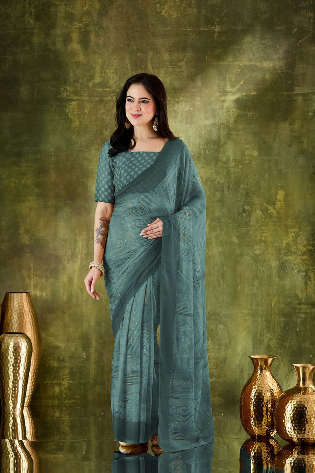 Green Printed Chiffon Ready to Wear Saree (ACA8502)