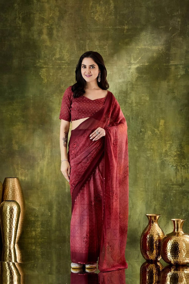 Maroon Printed Chiffon Ready to Wear Saree (ACA8503)