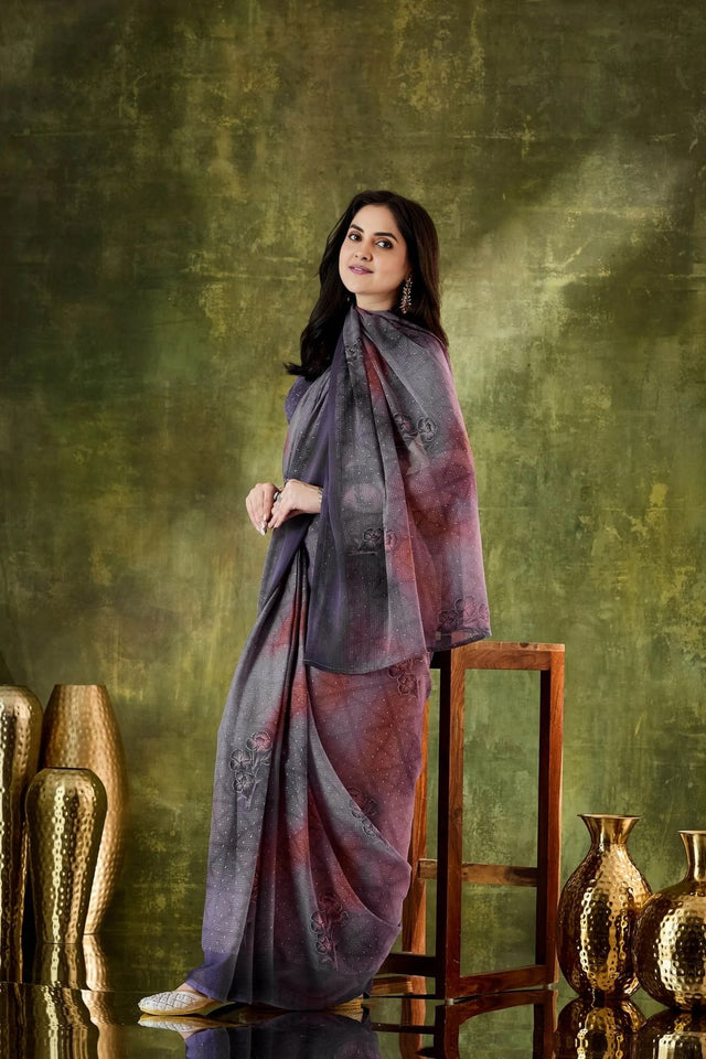 Violet Printed Chiffon Ready to Wear Saree (ACA8505)