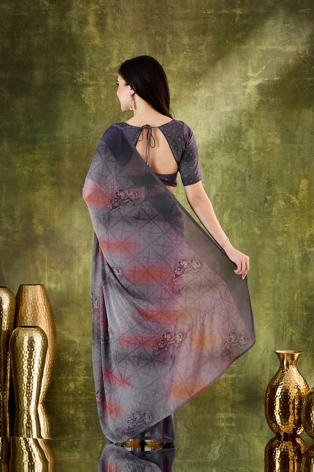 Violet Printed Chiffon Ready to Wear Saree (ACA8505)