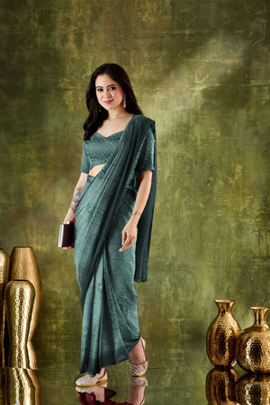 Turquoise Printed Chiffon Ready to Wear Saree (ACA8506)
