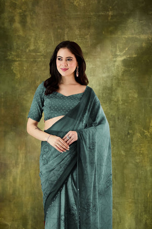 Turquoise Printed Chiffon Ready to Wear Saree (ACA8506)