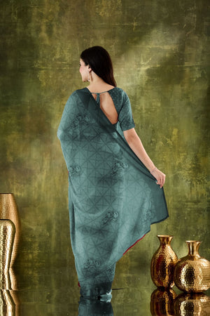 Turquoise Printed Chiffon Ready to Wear Saree (ACA8506)