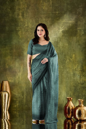 Turquoise Printed Chiffon Ready to Wear Saree (ACA8506)