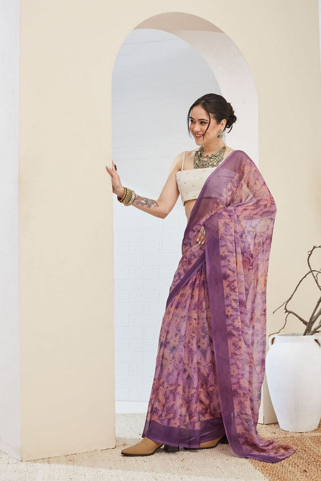 Violet Printed Chiffon Ready to Wear Saree (ACA8508)