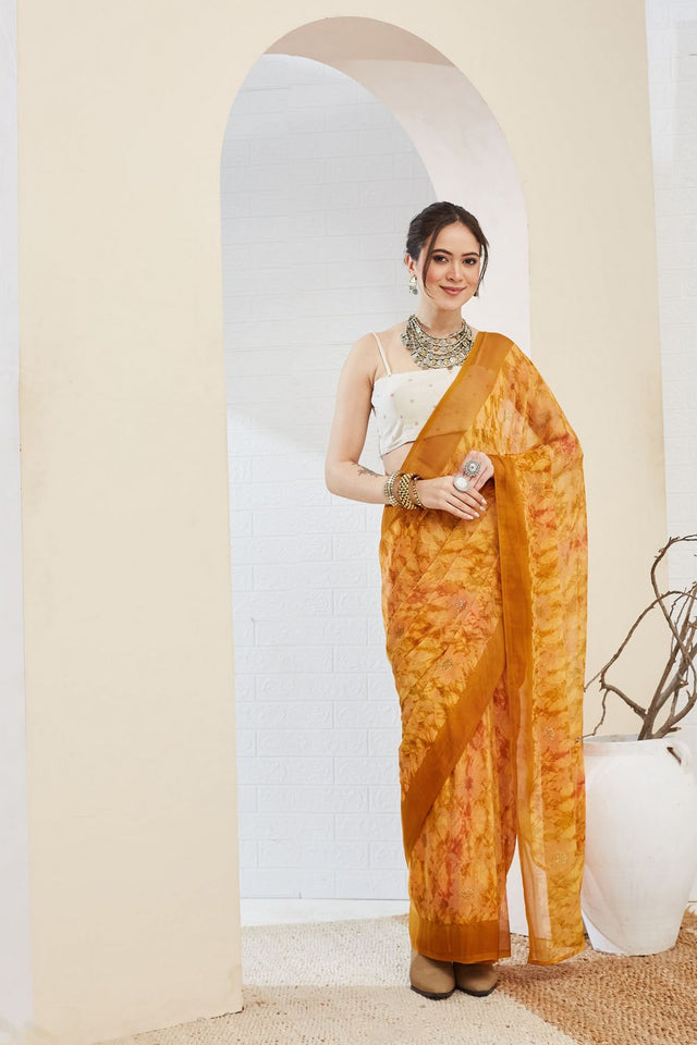 Yellow Printed Chiffon Ready to Wear Saree (ACA8509)