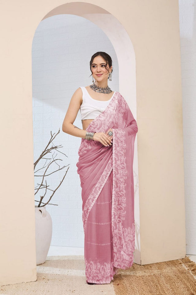 Pink Printed Chiffon Ready to Wear Saree (ACA8510)
