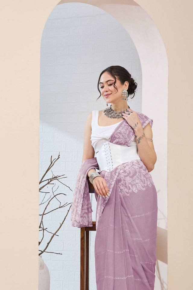 Lavender Printed Chiffon Ready to Wear Saree (ACA8511)