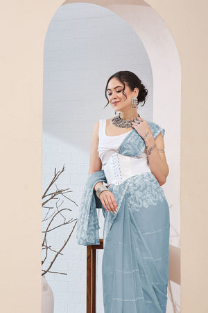 Blue Printed Chiffon Ready to Wear Saree (ACA8512)