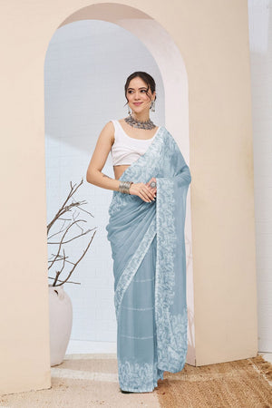 Blue Printed Chiffon Ready to Wear Saree (ACA8512)