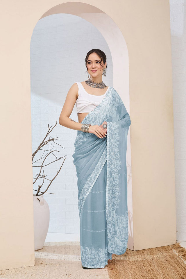 Blue Printed Chiffon Ready to Wear Saree (ACA8512)
