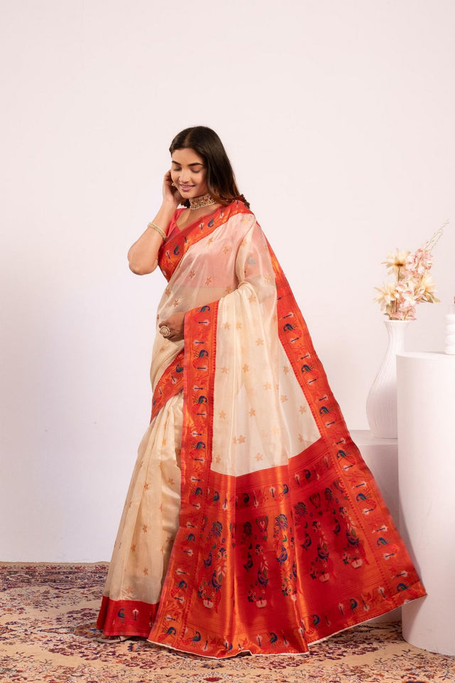 White Paithani Woven Silk Saree (ACA8519)