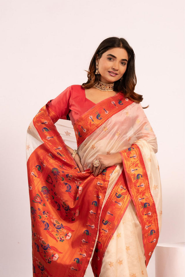 White Paithani Woven Silk Saree (ACA8519)