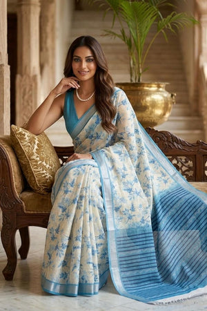 Blue Floral Printed Linen Saree (ACA8522)