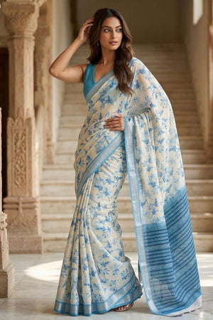 Blue Floral Printed Linen Saree (ACA8522)