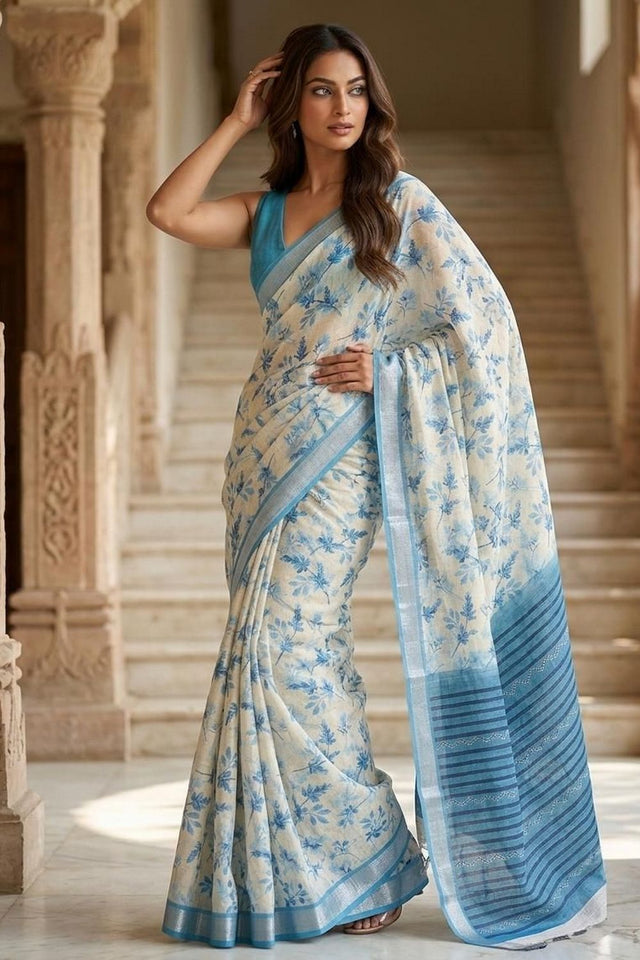 Blue Floral Printed Linen Saree (ACA8522)