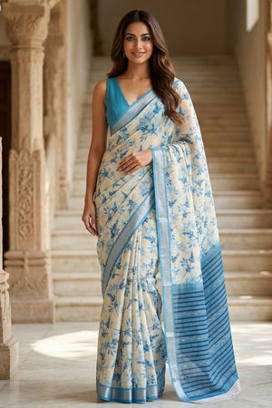 Blue Floral Printed Linen Saree (ACA8522)