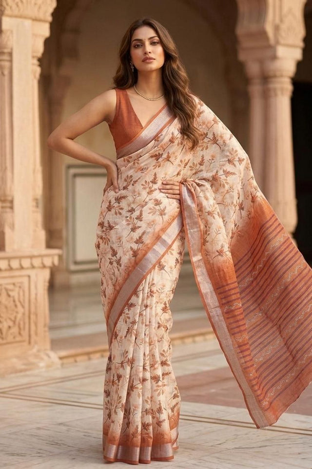 Rust Floral Printed Linen Saree (ACA8523)