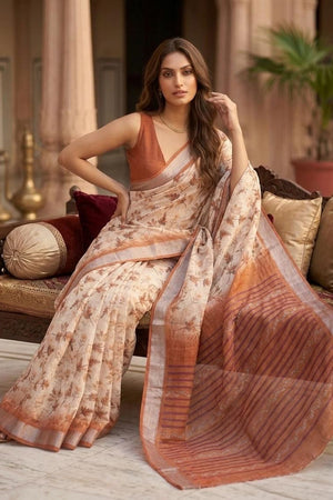Rust Floral Printed Linen Saree (ACA8523)