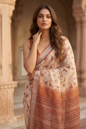 Rust Floral Printed Linen Saree (ACA8523)